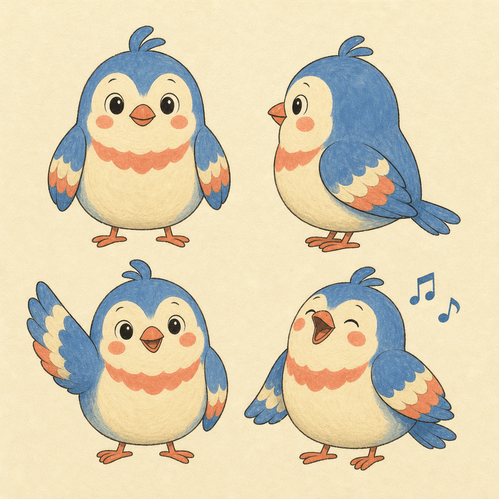 A character sheet: one round bluebird mascot drawn in four consistent poses on ivory paper.
