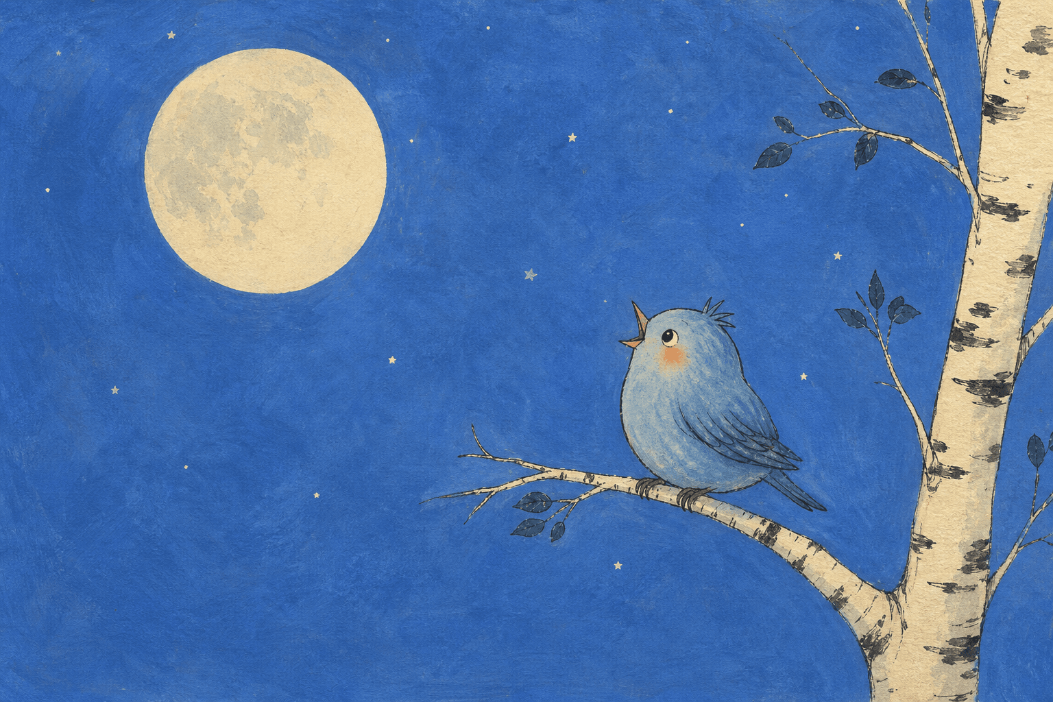 Concept art: a small bluebird on a birch branch singing up at a full moon in a cornflower-blue night sky.