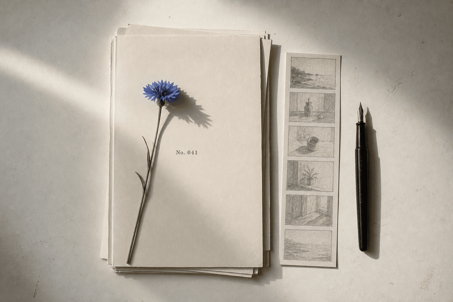 A studio desk seen from above: ivory paper sheets numbered No. 041, a pencil storyboard strip, a single cornflower and a fountain pen.