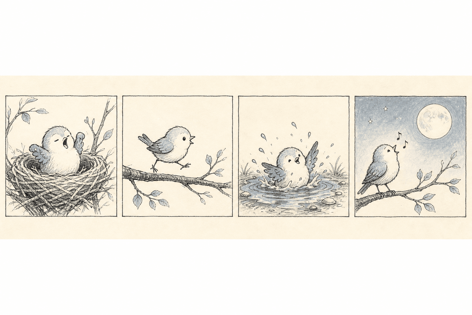 Four hand-drawn storyboard frames: a bird waking in a nest, hopping along a branch, splashing in a puddle, singing to the moon.